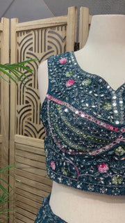 Plus Size Heavy Work Teal Blue Lehenga Set Net Fabric