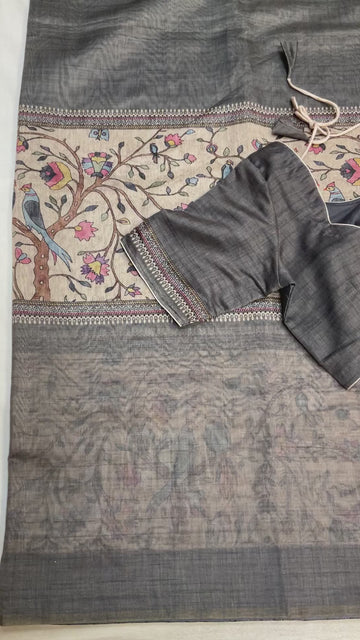 Grey Cotton Silk saree with digital print-Stitched blouse