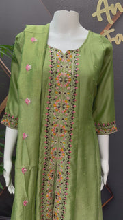 Teenage Girls Light Green Embroidered Anarkali Churidar Set