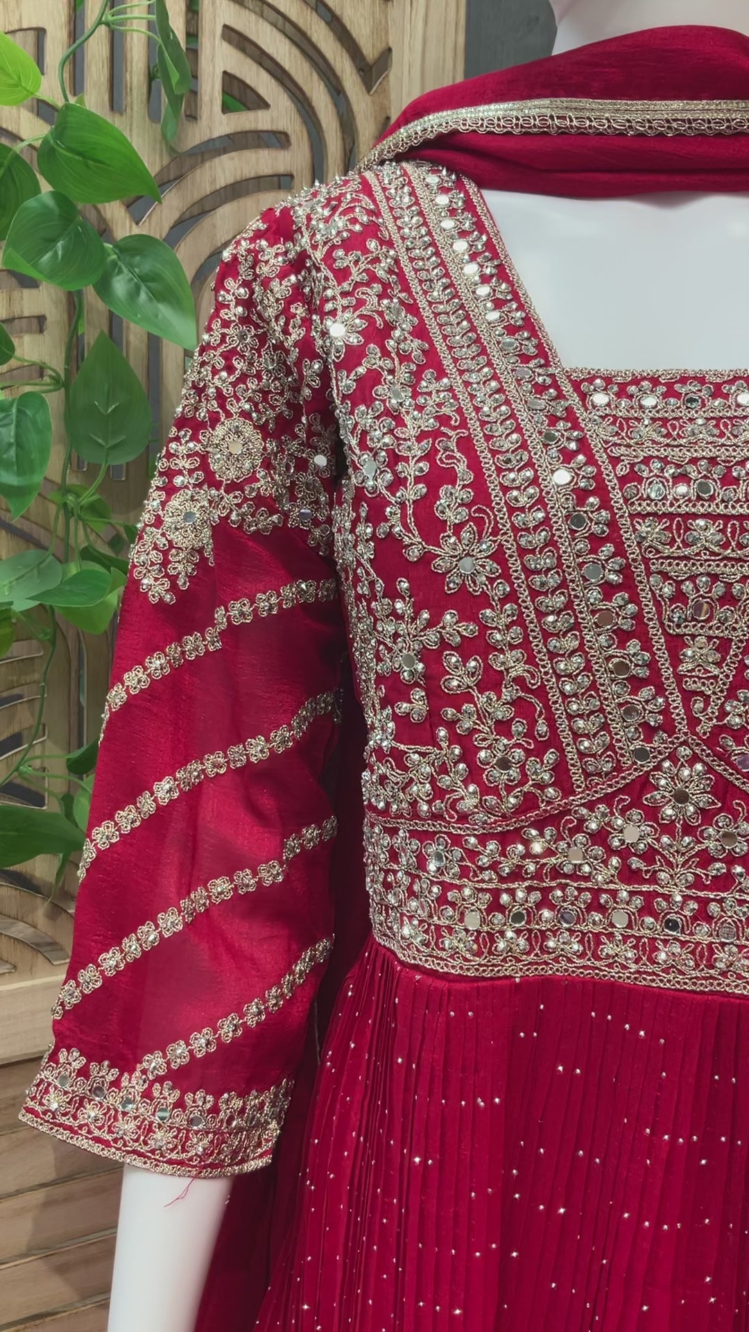 Size 38-Red Party Wear Long Gown/Dress-vichitra Silk