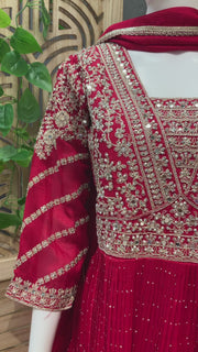 Red Vichitra Silk Party Long Dress Stone Work Long Dress