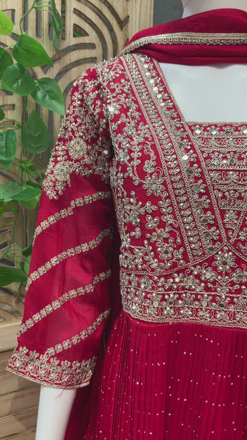 Red Vichitra Silk Party Gown Size 38 | Stone Work Long Dress for Women
