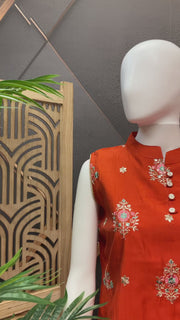 Orange - Sleeveless Silk Kurti set