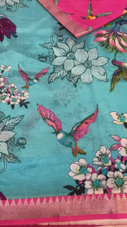 Mangalagiri Silk Digital Print Bird Design Saree with Stitched blouse