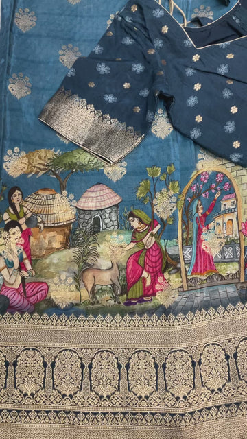 Teal blue Russian Silk saree with stitched blouse