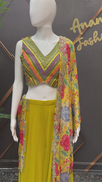 Yellow Chiffon Sharara Set Size 40 with Floral Print Dupatta - Indo Western Party Wear