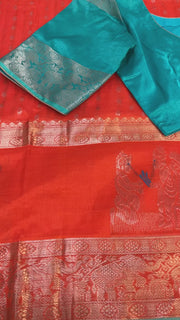 Orange Mangalagiri Silk Handloom saree with stitched blouse