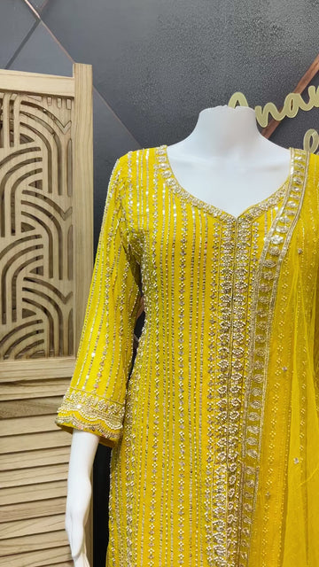 Size 38/Indian M - Party Wear Yellow Georgette Palazzo/Sharara set