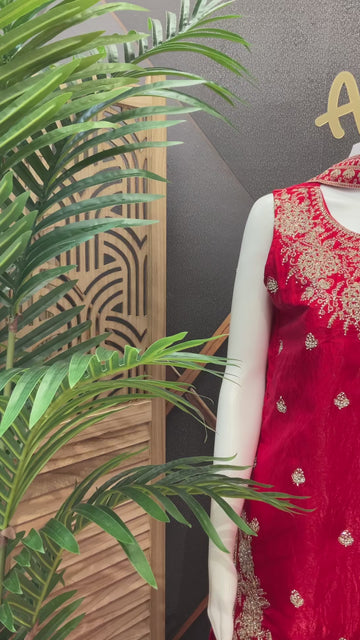 Red Party Wear Sharara Set Size 40 - Glass Tissue with Embroidery