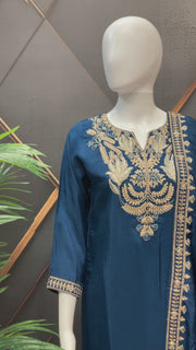 Teal Blue Party Wear Palazzo Set - Gold Zari Lightweight