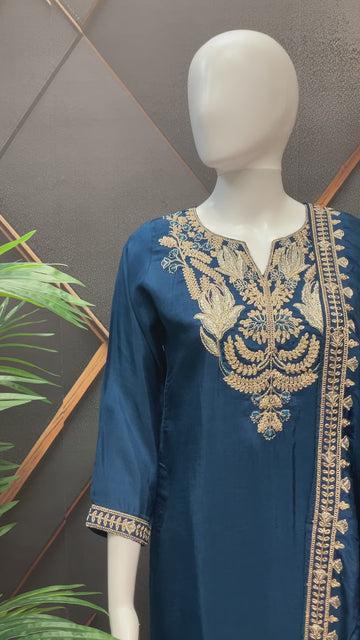 Teal Blue Party Wear Palazzo Set - Gold Zari Lightweight