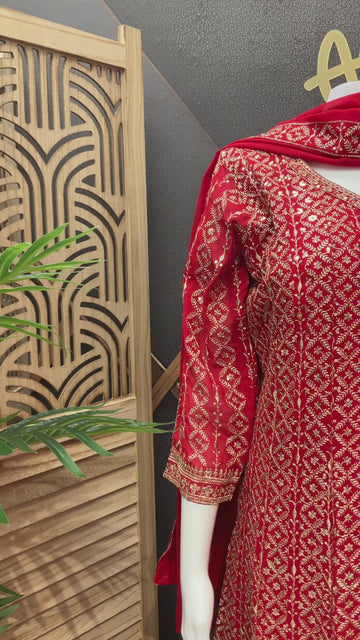 Red Heavy Work Georgette Anarkali Kurti Set Size 38 - Gold Zari Party Wear