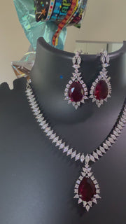 Party Wear Silver Finish Necklace set with Red Stone
