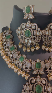 Heavy Victorian Finish Kundan Necklace set with Mint Green Stones