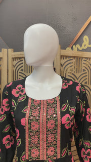 Women’s Pure Cotton Black Floral Long Kurti