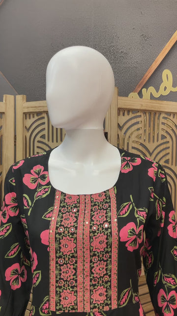 Pure cotton - Black Floral long kurti