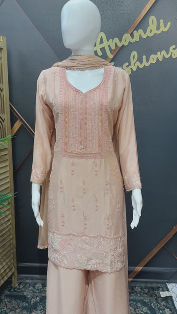 Pastel Pink Party Wear Palazzo Set - Satin Silk with Bead Embroidery