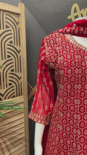 Plus Size Red Georgette with Gold Zari Anarkali Kurti Set