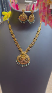 Temple Goddess Lakshmi Necklace Set Antique Finish with Chain & Earrings