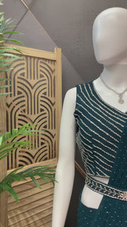 Teal Blue Georgette Ready to Wear Saree with Belt - Silver Work Blouse