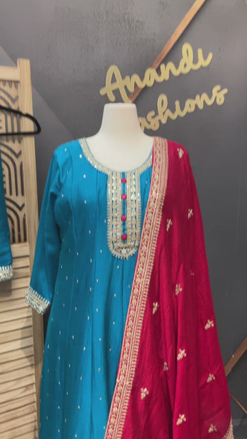 Plus Size Blue Anarkali Kurti Set Size 46 - Vichitra Silk Party Wear