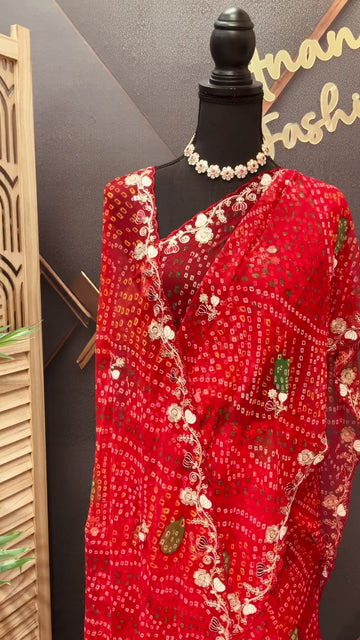 Red Bandhini Georgette saree