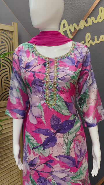 Fancy Floral Print Kurti Set - Hand Embroidery Party Wear