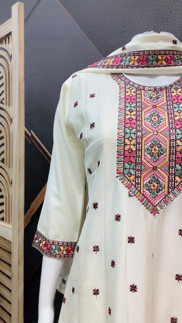 Teenage Girls Half White Anarkali Kurti Set - Vichitra Silk with Embroidery