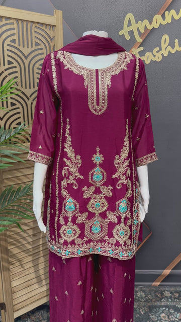 Wine Color Party Wear Palazzo Set Size 40 - Embroidery Work