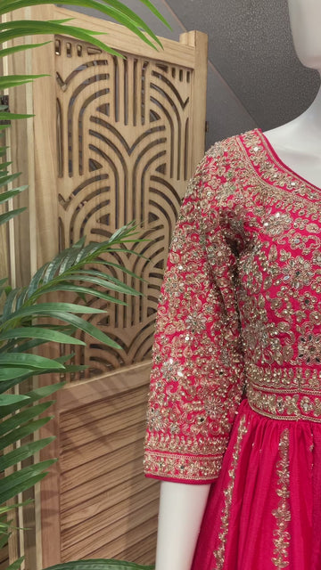 Size 38- Pink Heavy Embroidered Party Lehenga Set with Long Top