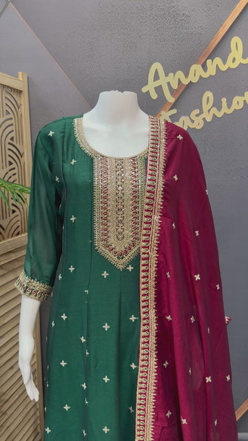 Green Anarkali Kurti Set Size 42/44 - Vichitra Silk Party Wear