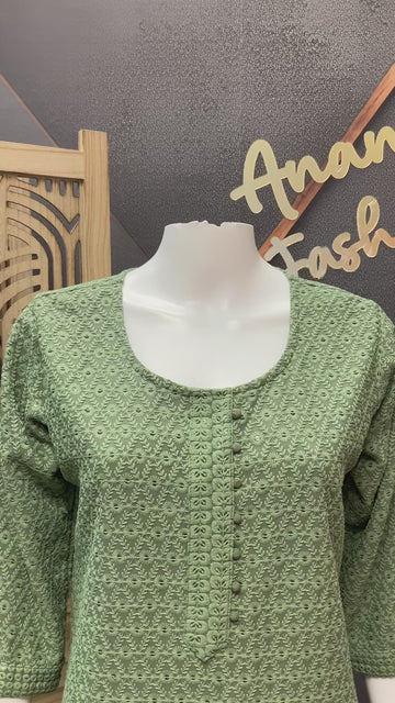 Size 42-Green Chikankari Rayon Kurti