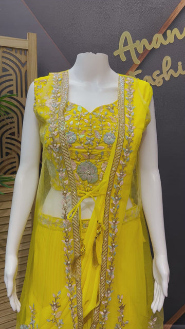 Yellow Georgette Ready to Wear Saree with Overcoat - Party & Wedding Wear