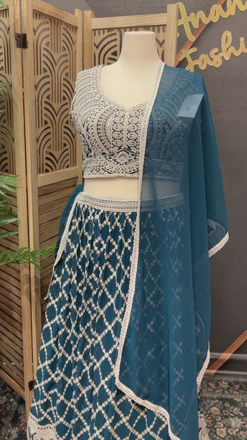 Plus Size Georgette Teal Blue Lehenga Set with Heavy Embroidery - Party & Wedding Wear