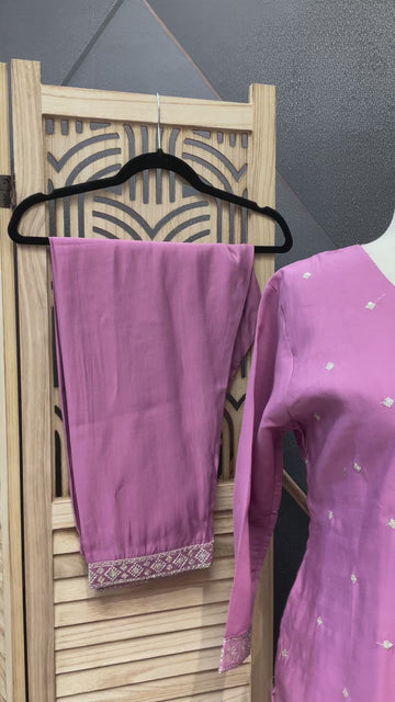 Size 50-Plus Size Party Wear Kurti Set - Lavender Roman Silk