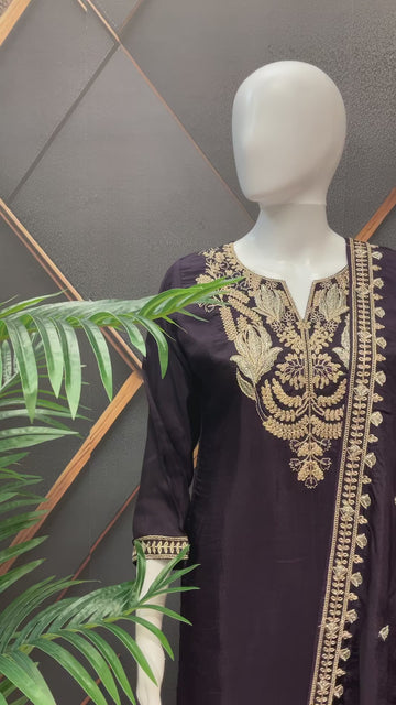 Plum Color Party Wear Palazzo Set - Gold Zari Work