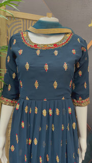 Teenage Girls Navy Blue Georgette Embroidered Long Dress