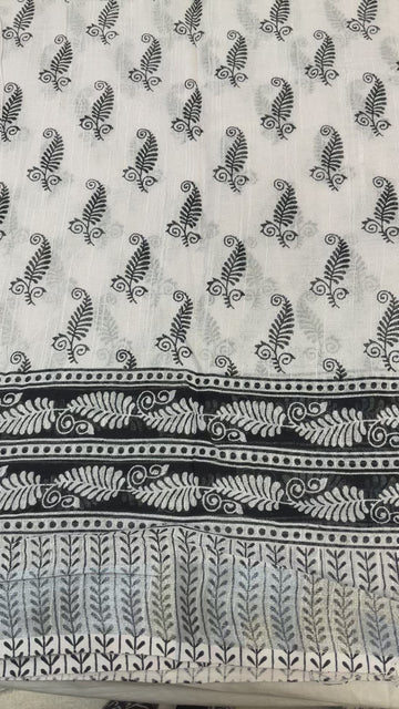 White & Black Linen Saree - Modern Combination Design