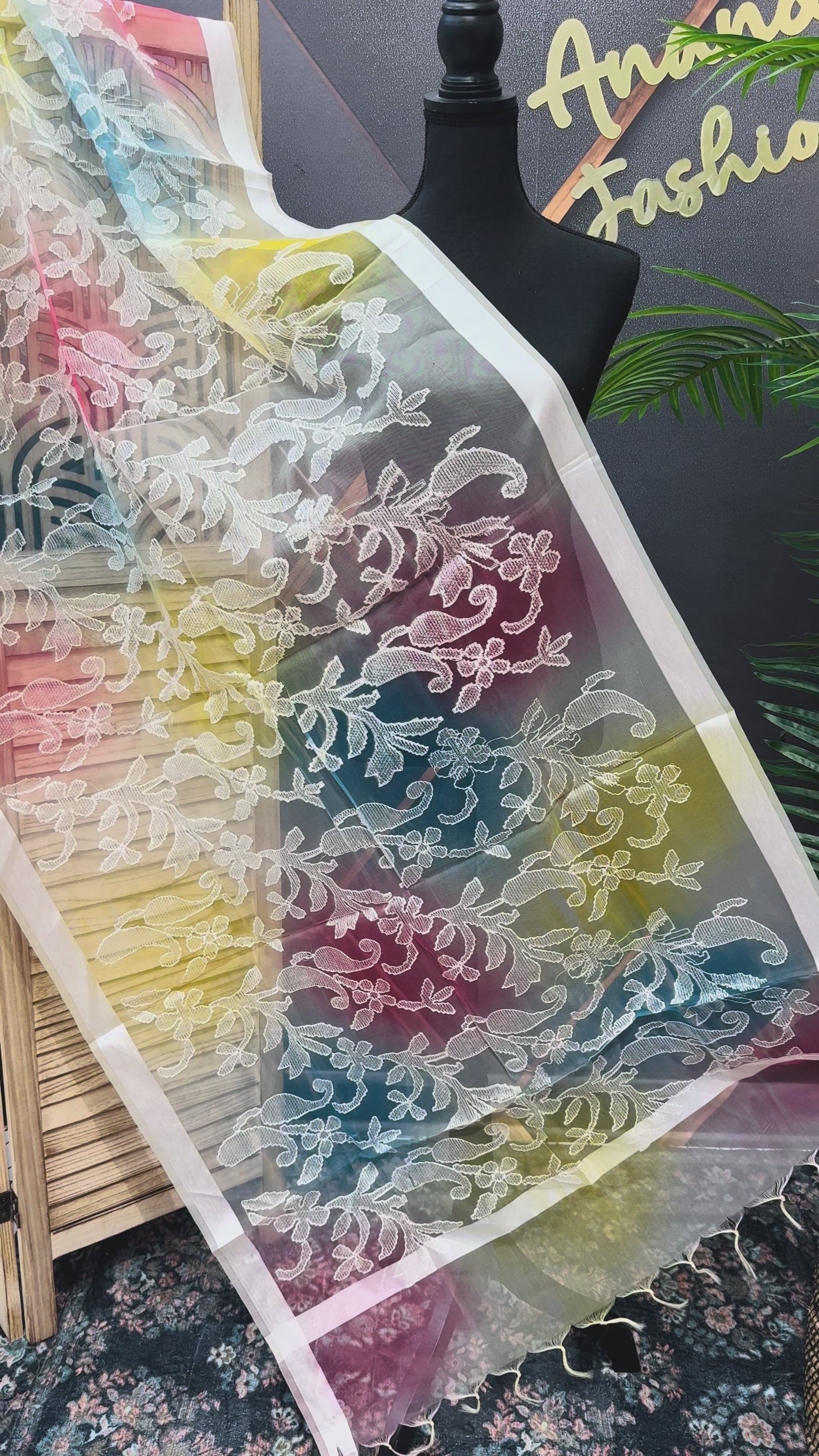 Multicolor Organza Dupatta with Thread Embroidery