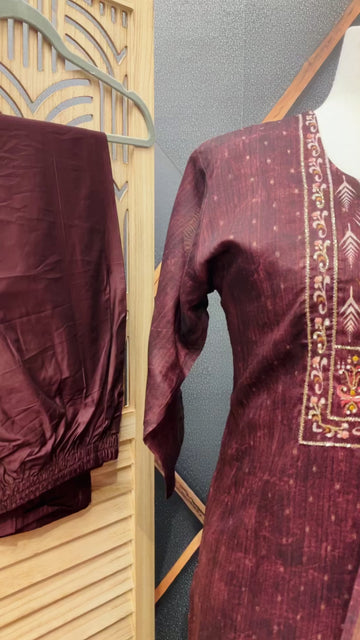 Plus Size Chanderi Silk Kurti Set - Brown - Premium Ethnic Wear- Size 46