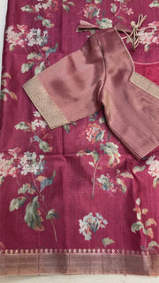 Onion pink digital print floral saree with Stitched blouse