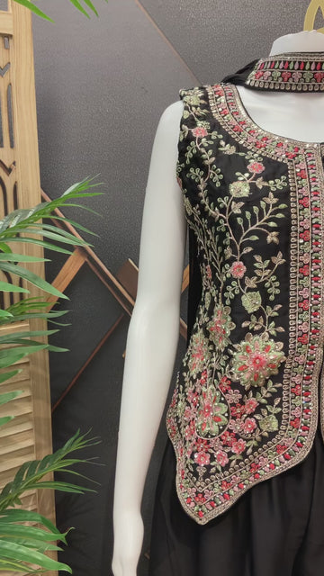 Black Sharara Set with Embroidery Work - Party Wear
