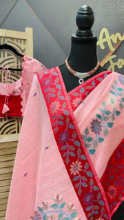 Pink-Lenin Jamdhani Saree with Stitched blouse