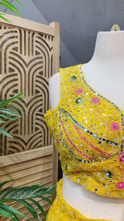 Plus Size Heavy Work Yellow Lehenga Set Net Fabric