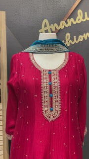 Plus Size Red Vichitra Silk with Blue Dupatta Anarkali Kurti Set