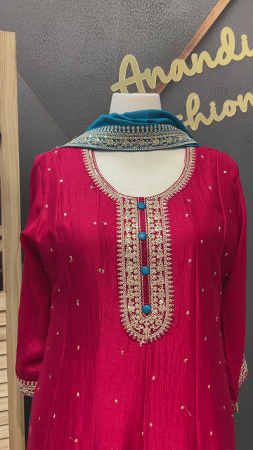 Plus Size Red Anarkali Kurti Set Size 46/48 - Vichitra Silk with Blue Dupatta