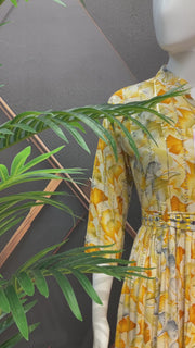 Yellow Rayon Frock/ Kurti with Belt Floral Short Kurti