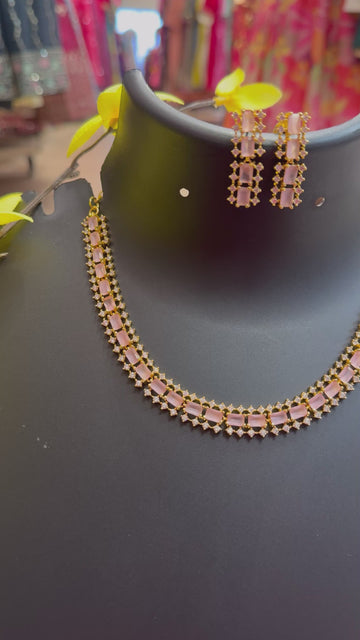 Baby Pink CZ Stone Necklace Set - Cubic Zirconia Party Jewelry