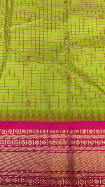 Parrot Green Checks - Semi Gadwal Silk Saree