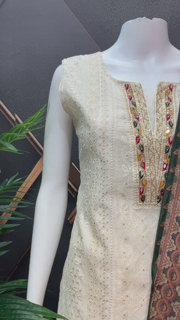 Size 42-Half White Party Wear Kurti Set - Digital Print Dupatta